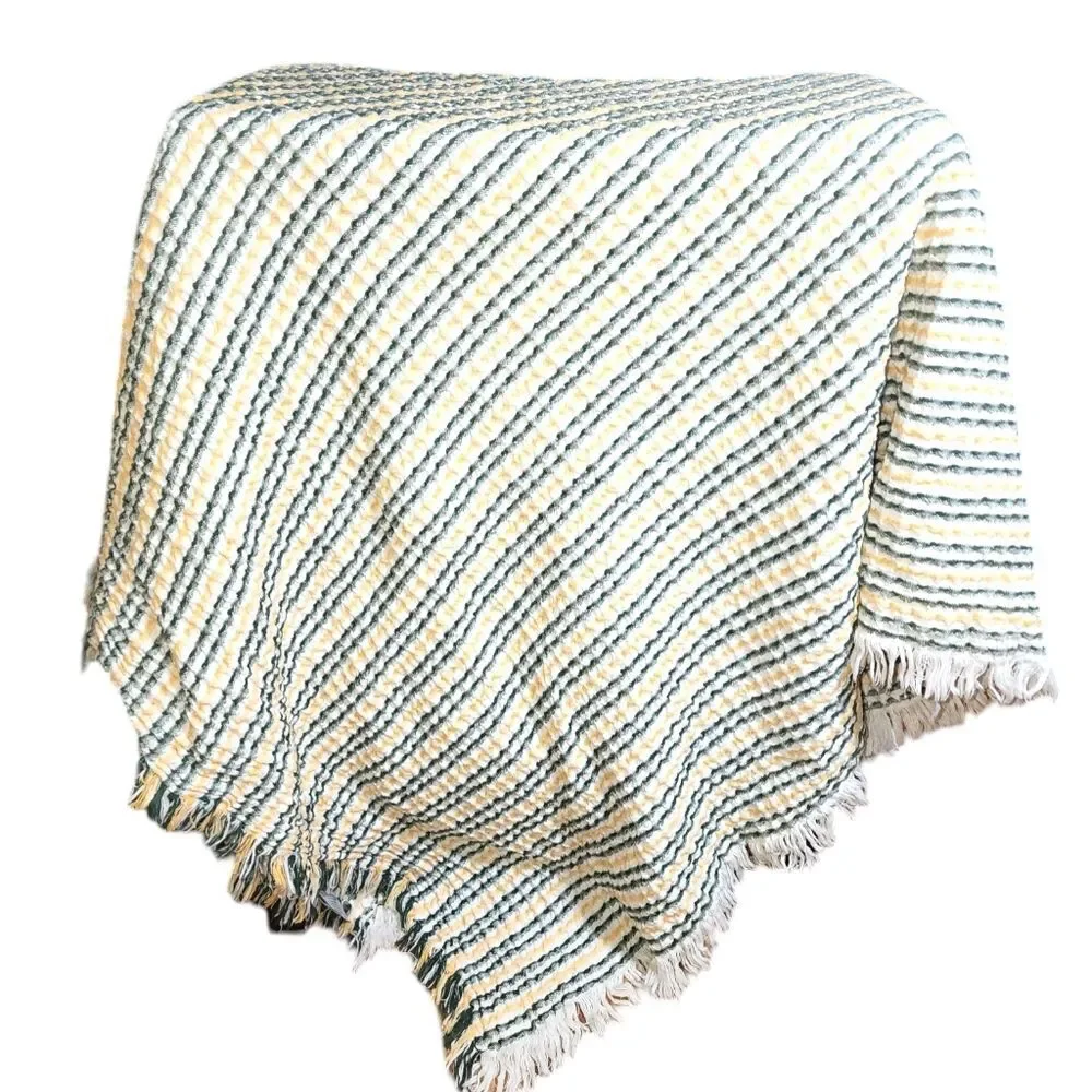 INUP Home Portugal Made Green & Yellow Cotton Waffle Weave Fringed Throw 51